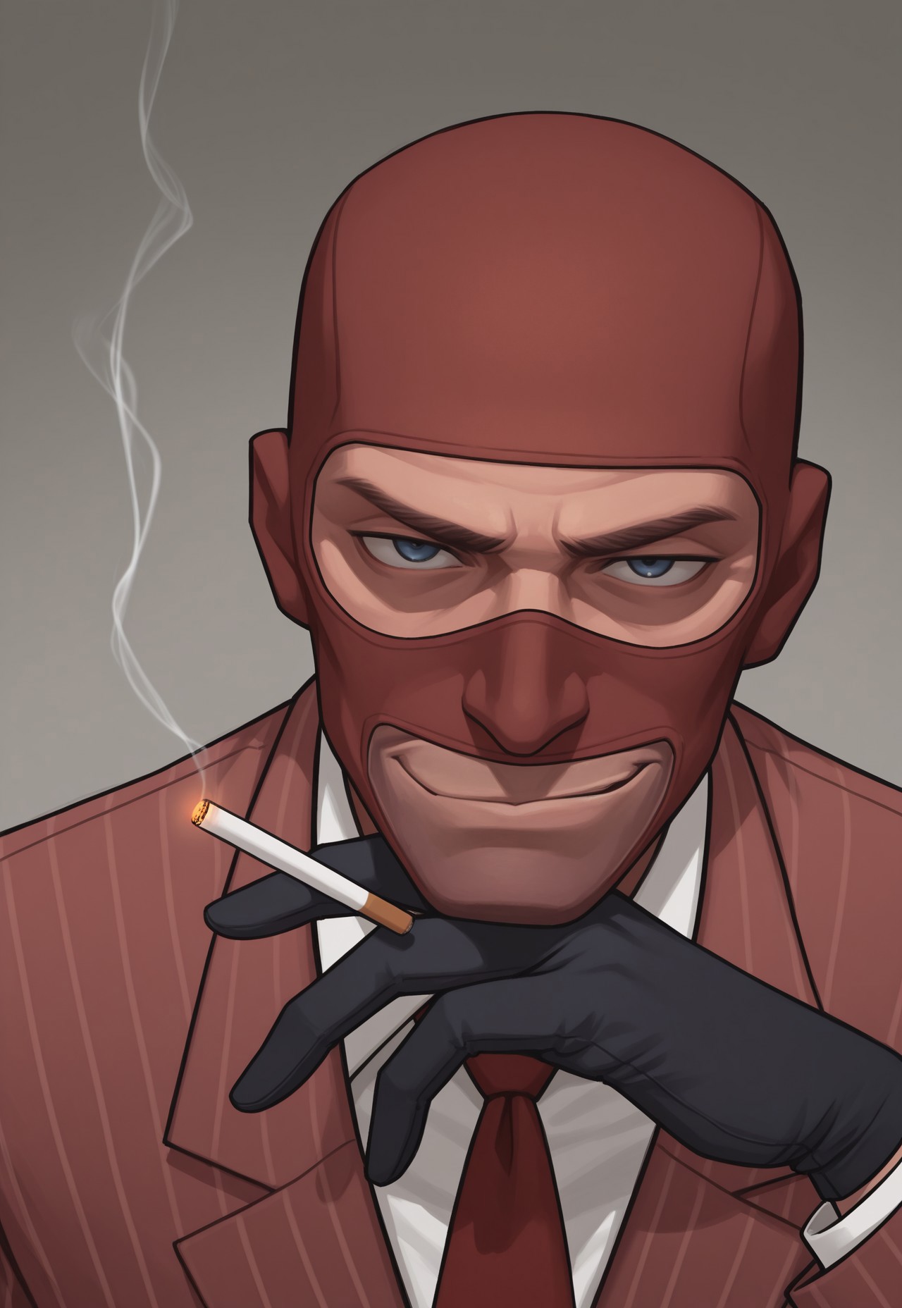 anime, masterpiece, best quality, detailed background, 8k, 1girl, solo, YiXi, spy (tf2), mature man, blue eyes, red ski mask, white shirt, red tie, pinstripe suit, red suit, black gloves, cigarette, smoking, smirk, smug, gray background, half body, face focus, close-up, looking down at viewer, staring at viewer, no pose