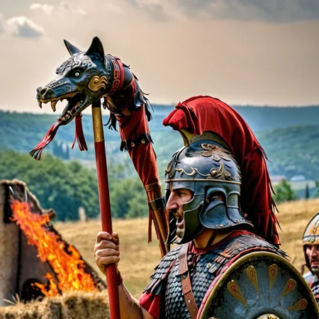 Movie scene, HDR, award winning, photo, Roman soldier  holding a dacian draco with dragon head covered in blood, battlefield scene in the background, burning city in the background<lora:daciandraco:1> draco, dacian, pole