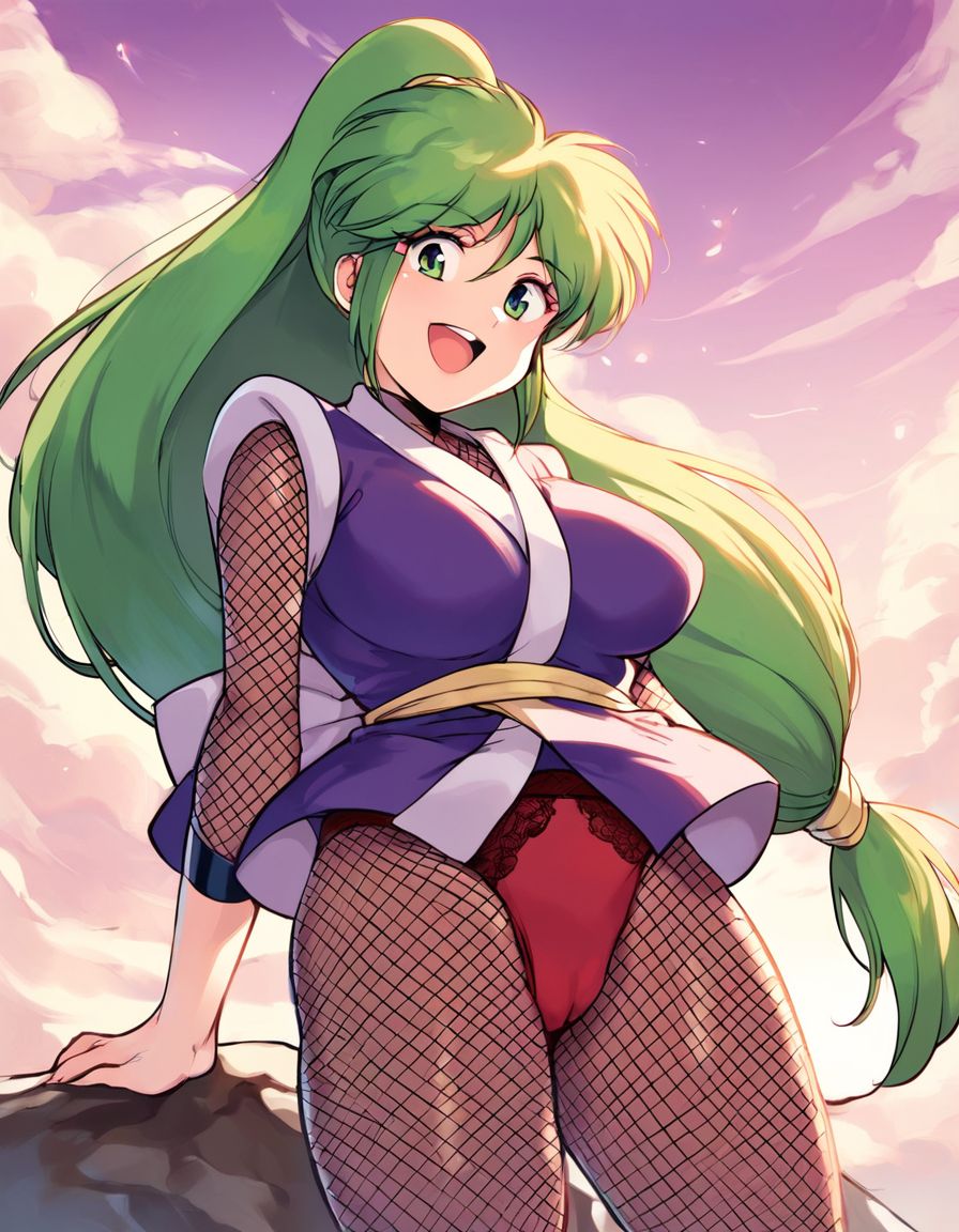 score_9, score_8_up, score_7_up, score_6_up, score_5_up, score_4_up, source_anime, rating_explicit, BREAK
 <lora:yae-bonbon_XL:1>  yae-bonbon, 1girl, soro, light green hair, long hair, green eyes,  low-tied long hair, Yellow bow, red panties,  looking at viewer, large breasts, cowboy Shot.
looking straight ahead, fishnets, fishnet bodysuit, ninja,   purple bodysuit, japanese clothes,   pantyhose, sky, outdoor, smile, open mouth,