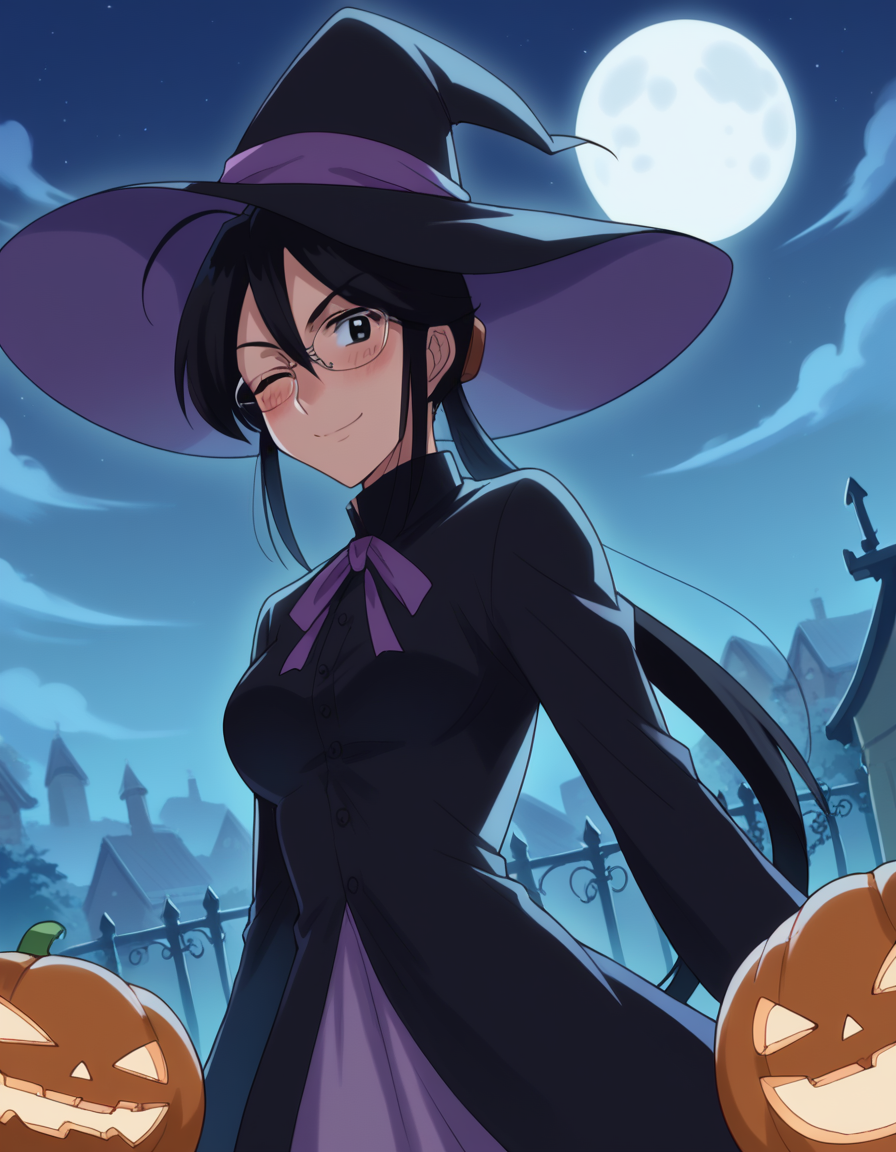 score_9, score_8_up, score_7_up, source_anime, <lora:sae-shirai-s1-ponyxl-lora-nochekaiser:1>, sae shirai, long hair, black hair, ponytail, ahoge, glasses, black eyes, hair between eyes, sidelocks, medium breasts,, <lora:witch-ponyxl-lora-nochekaiser:1>, witch, hat, witch hat, dress, halloween, halloween costume, jewelry,, night, moon, blush, smile, one eye closed,, , dutch angle, cowboy shot