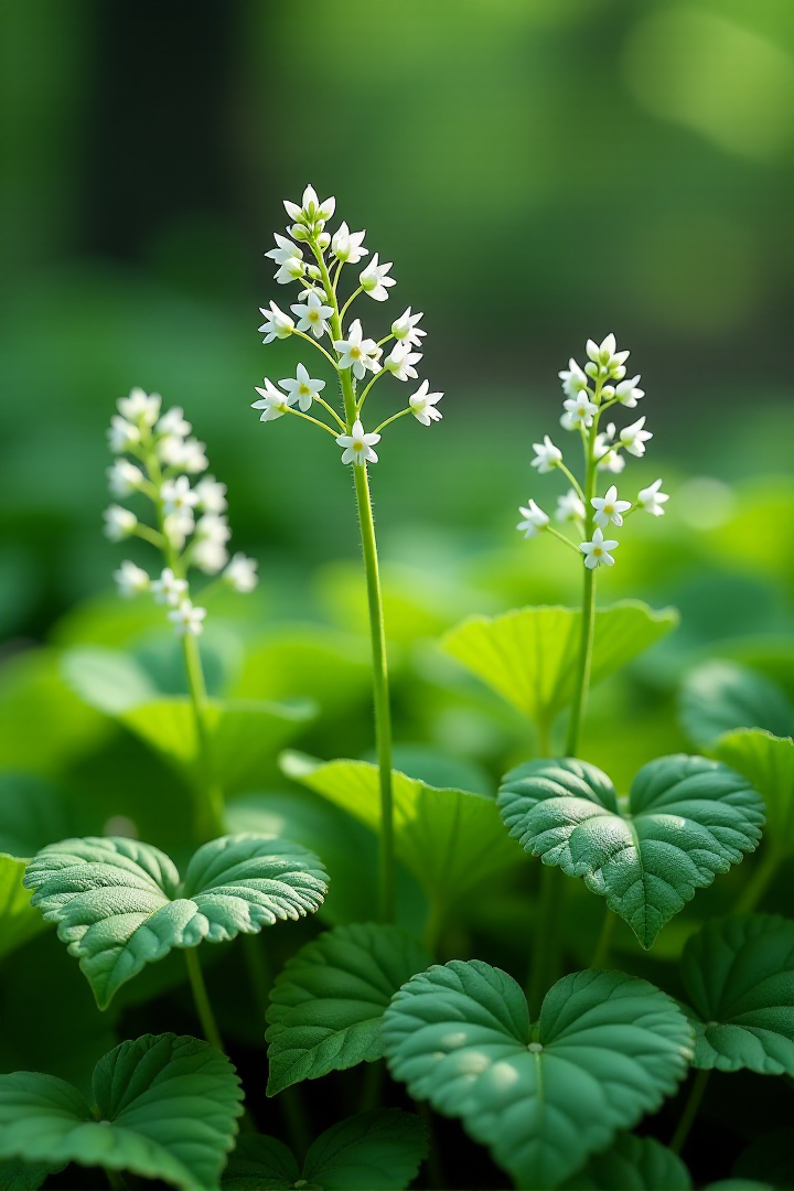 "Visualize delicate clusters of Foamflowers (Tiarella cordifolia) blooming above a carpet of heart-shaped, deeply lobed green leaves in a shaded woodland setting. The airy, star-shaped white flowers are held aloft on slender stems, creating a foamy, cloud-like appearance. The leaves showcase intricate veining and a slightly textured surface. Soft, filtered light illuminates the scene, highlighting the delicate beauty of the flowers and the lushness of the foliage. Focus on the intricate structure of the flowers, the texture of the leaves, and the overall delicate and ethereal feel of the woodland floor. Render in a hyperrealistic botanical illustration style, capturing the minute details of the blooms and foliage. Use a soft and delicate color palette of whites and greens with subtle shadows. 8k resolution, close-up shot focusing on the flower clusters and leaves, emphasizing the intricate beauty of this groundcover."âââ