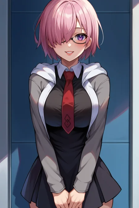 score_9, score_8_up, score_7_up, score_6_up, score_5_up, score_4_up, source_anime BREAK 1girl, solo, looking at viewer, cowboy shot, <lora:Mash_Kyrielight_Sdxl-10:0.9> Mash_Def, pink hair, short hair, purple eyes, hair over one eye, glasses, short dress, black dress, black skirt,  necktie, red necktie, wing collar,  jacket, open jacket, hooded jacket, grey jacket  hood down, black thighhighs, narrow waist, large breasts, skindentation, lips, blush, white tiles, laboratory, faculty, indoors, cinematic lightning, v arms, arms at sides, smile, happy,