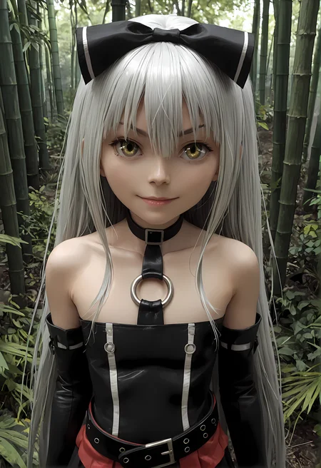 score_9, score_8_up, score_7_up,looking at viewer, shiny skin, upper body, light smile, petite,ohwx, grey_hair, long_hair, yellow_eyes, collarbone, very_long_hair, grey_eyes, hair_between_eyes, white_hair, short_hair, flat_chest, breasts,bare_shoulders, choker, bow, hair_bow, collar, ribbon, dress, skirt, black_bow, belt, black_dress, hair_ribbon, pantyhose, cosplay, gloves, elbow_gloves, black_pantyhose, hairband, thighhighs, shoes, necktie, pleated_skirt, o-ring, gothic_lolita, Small Japanese shrine by a clear stream, surrounded by bamboo, serene and secluded atmosphere,<lora:sora_pony_sobsynapse-000003:0.9>