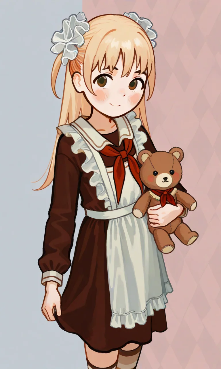 1girl, Nika, blonde, long hair, frilled apron, frilled hair scrunchie, red neckerchief, brown dress, stripped thighhigs, holding plushie bear,