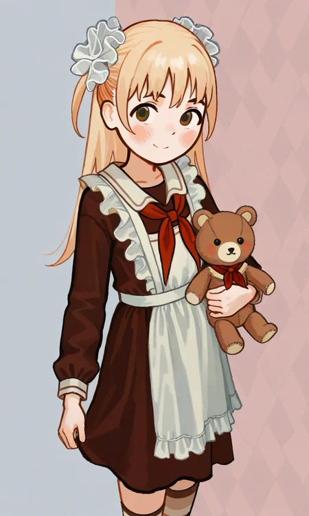 1girl, Nika, blonde, long hair, frilled apron, frilled hair scrunchie, red neckerchief, brown dress, stripped thighhigs, holding plushie bear,