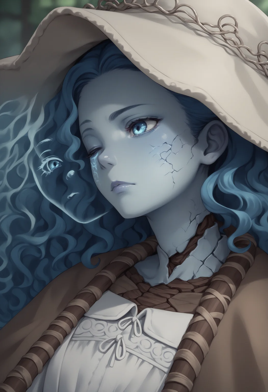 score_9, score_8_up, score_7_up, source_anime, 1girl, <lora:Ranni_XLPD_CAME:1>, IncrsXLRanni, wavy hair, cracked skin, colored skin, blue skin, (extra faces), extra arms, doll joints, white dress, hat, brown cloak, close-up,