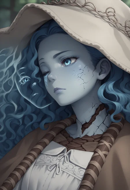 score_9, score_8_up, score_7_up, source_anime, 1girl, <lora:Ranni_XLPD_CAME:1>, IncrsXLRanni, wavy hair, cracked skin, colored skin, blue skin, (extra faces), extra arms, doll joints, white dress, hat, brown cloak, close-up,