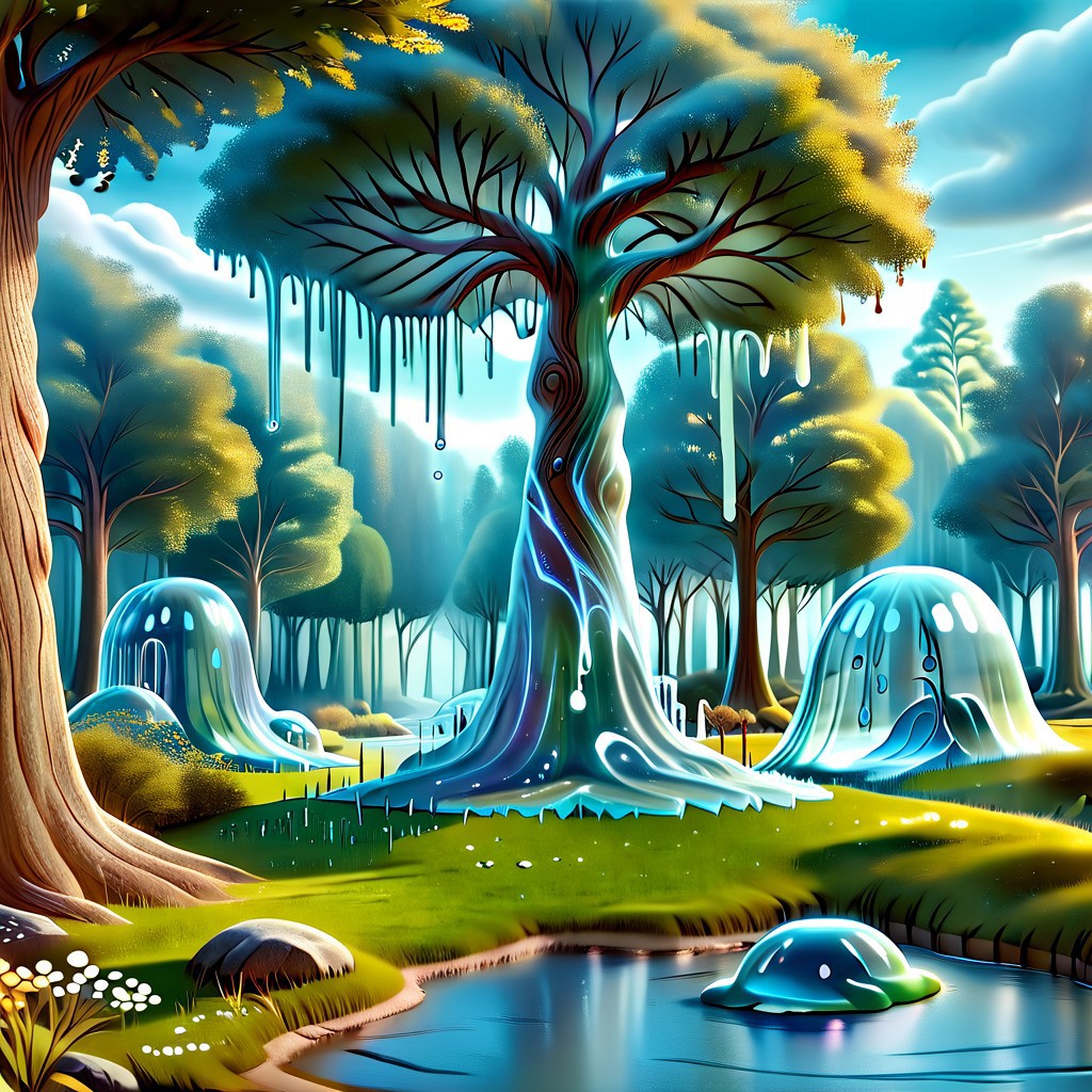 a forest made out of slime, dense-forest, Yggdrasil, a vast tree made out of slime, A large tree made out of slime, brown slime tree, translucent tree, transparent tree, 
everything made of slime, No simple background, ((slime tree)), detailed leaves, detailed bark texture, 
overcast sky, natural light, no bright spots, 
((translucent slime)), ((transparent slime)), (bioluminescent slime), sl1m3, slime, slime-morph, ais-blmn, saturated colors, no creatures, no monsters, no pokemon, scenery only, scenery, ral-lava, watce