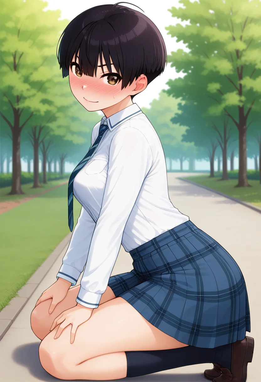 masterpiece, best quality, amazing quality, 1girl, solo, makoww, tomboy, brown eyes, black hair, short hair, medium breasts, school uniform, necktie, collared shirt, long sleeves, plaid skirt, pleated skirt, socks, <lora:Kaneute_Mako_Kanente-san_to_ill_v21:0.9>, from side, full shot, kneeling, hand on knee, smile, closed mouth, nose blush, looking at viewer, tense pose, day, outdoors, tree, skindentation, detailed clothing folds, depth of field, sharp, high contrast, dynamic light
