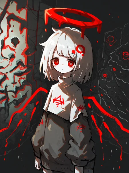 score_9, score_8_up, score_7_up, score_6_up, score_5_up, <lora:UmaiXLP:0.8> umai, spot color, abstract, red eyes, halo, 1girl