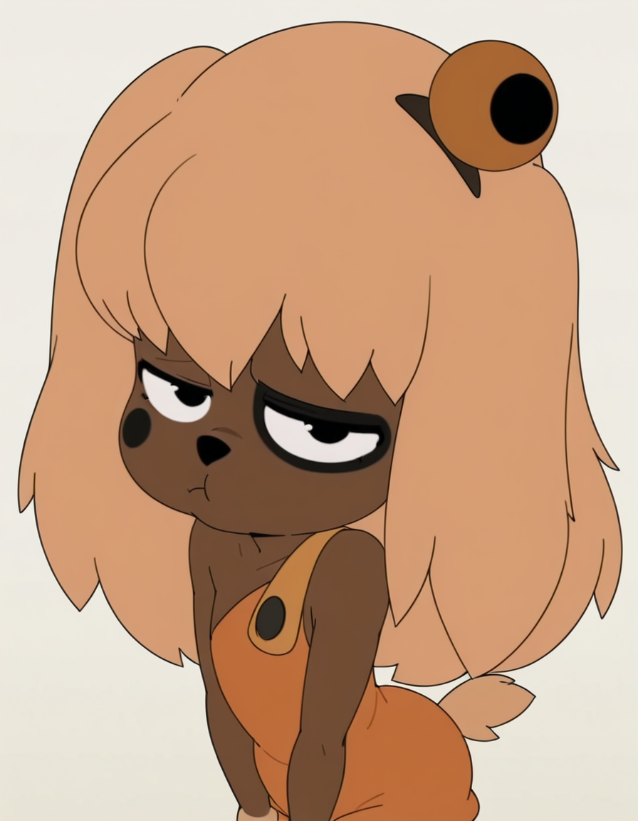<lora:LilotteIllustrious1.0JLFO:1> lilotte, solo, furry female, 1girl, long hair, dog ears, black eyes, orange overalls, blonde hair, tail, hair bell, animal nose, looking at viewer,pout,