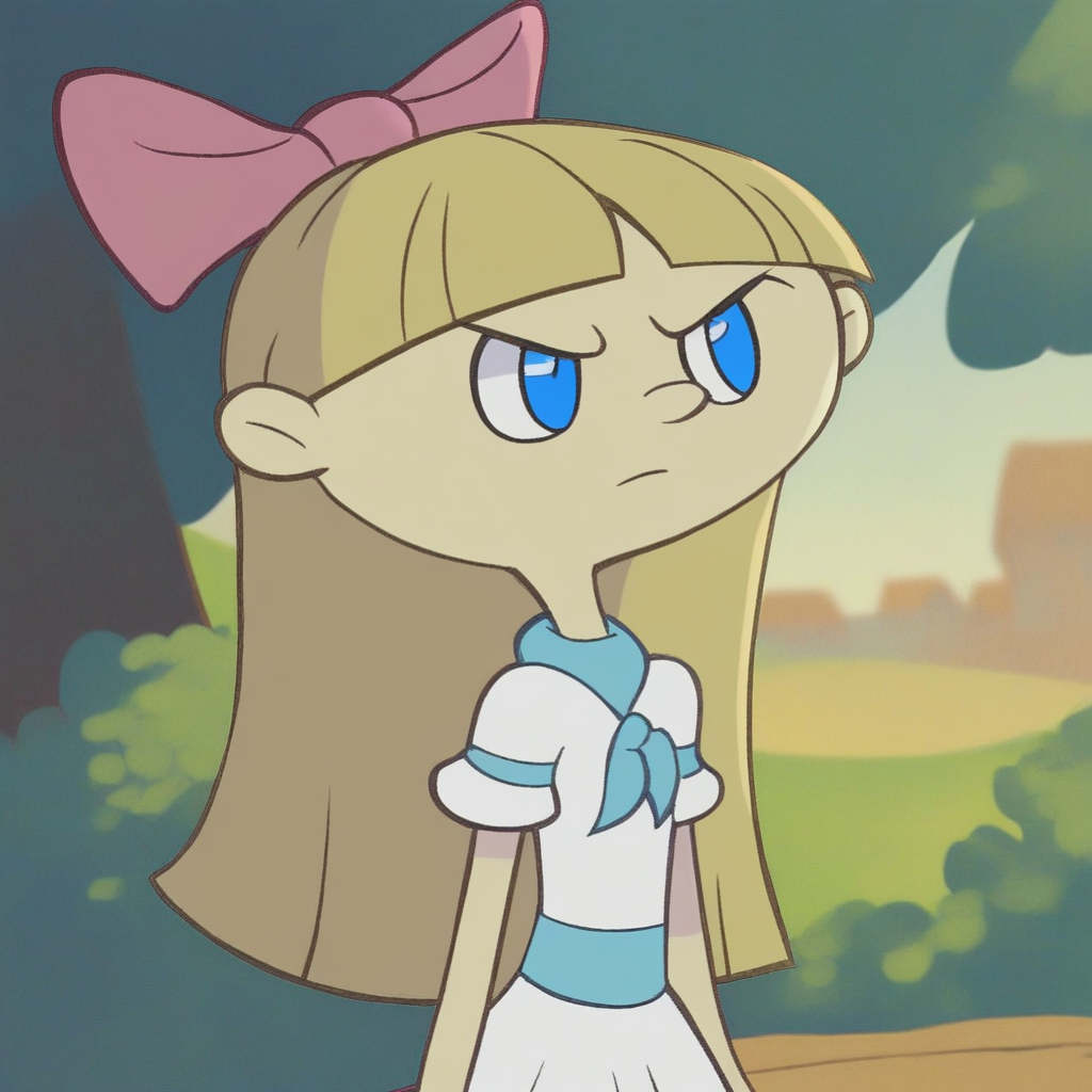 score_9, solo, kndashley, hair bow, blonde hair, blue eyes, outdoors
