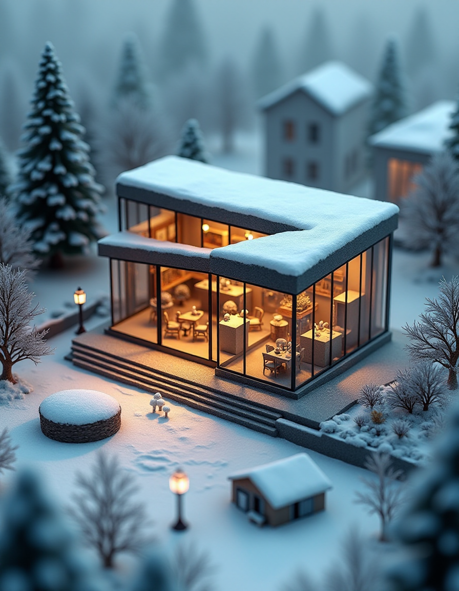 (indoor,very wide isometric view,tilt-shift lens:1.6), (miniature,diorama,no_realistic,no_photo:2) of (stasis _chamber:1.5),winter,modern glass building with cafe