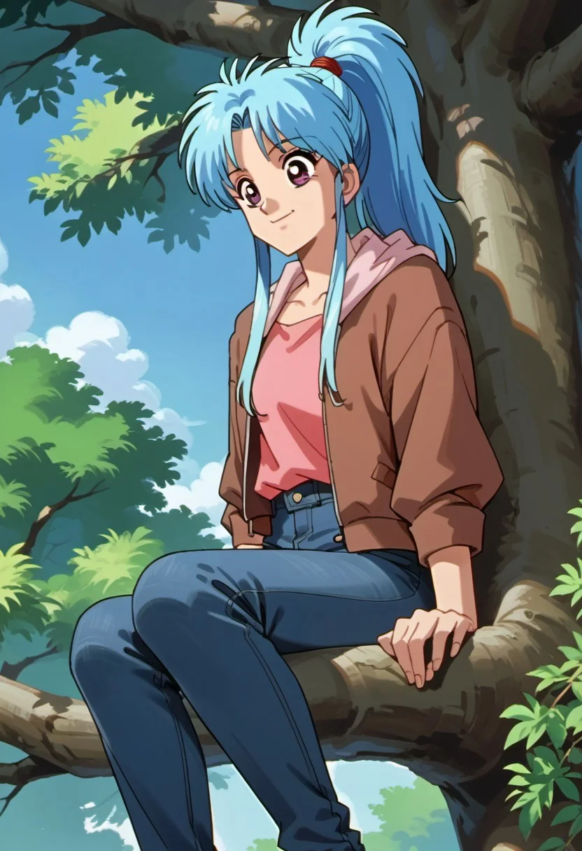 score_9, score_8_up, score_7_up, source_anime, botan (yu yu hakusho), long hair, blue hair, purple eyes, 1girl, solo, sitting, tree, pants, ponytail, in tree, smile, jeans, denim, sitting in tree, jacket