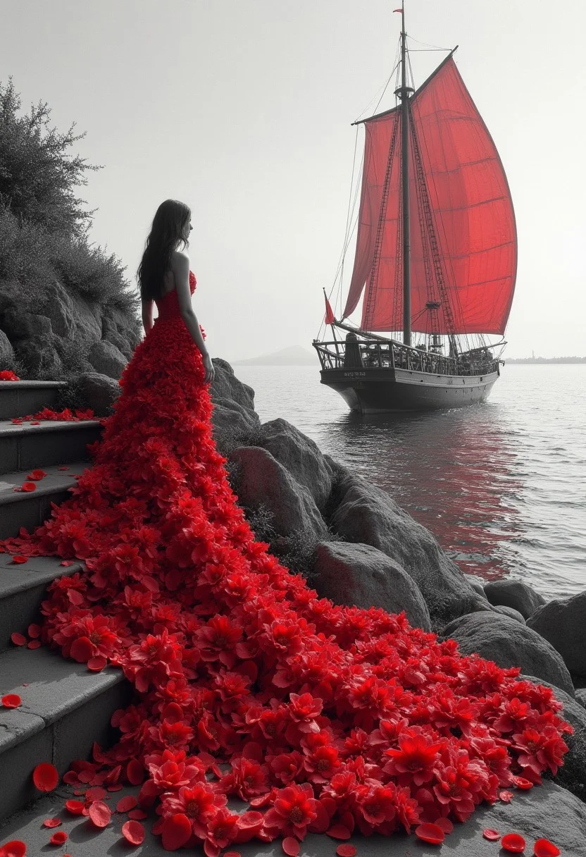 black-and-white pencil, black and white tone, beautiful girl, in a lush dress of red flowers, with a long train of flowers ascends the stairs, petals, sunset, sea, ship with scarlet sail, hyper-detailing, vivid colors