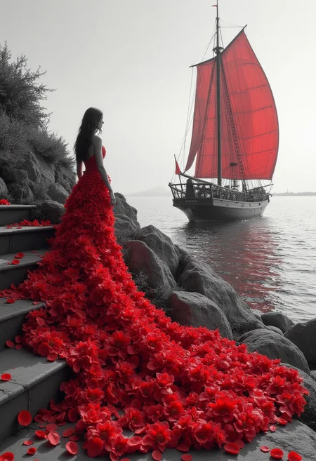 black-and-white pencil, black and white tone, beautiful girl, in a lush dress of red flowers, with a long train of flowers ascends the stairs, petals, sunset, sea, ship with scarlet sail, hyper-detailing, vivid colors