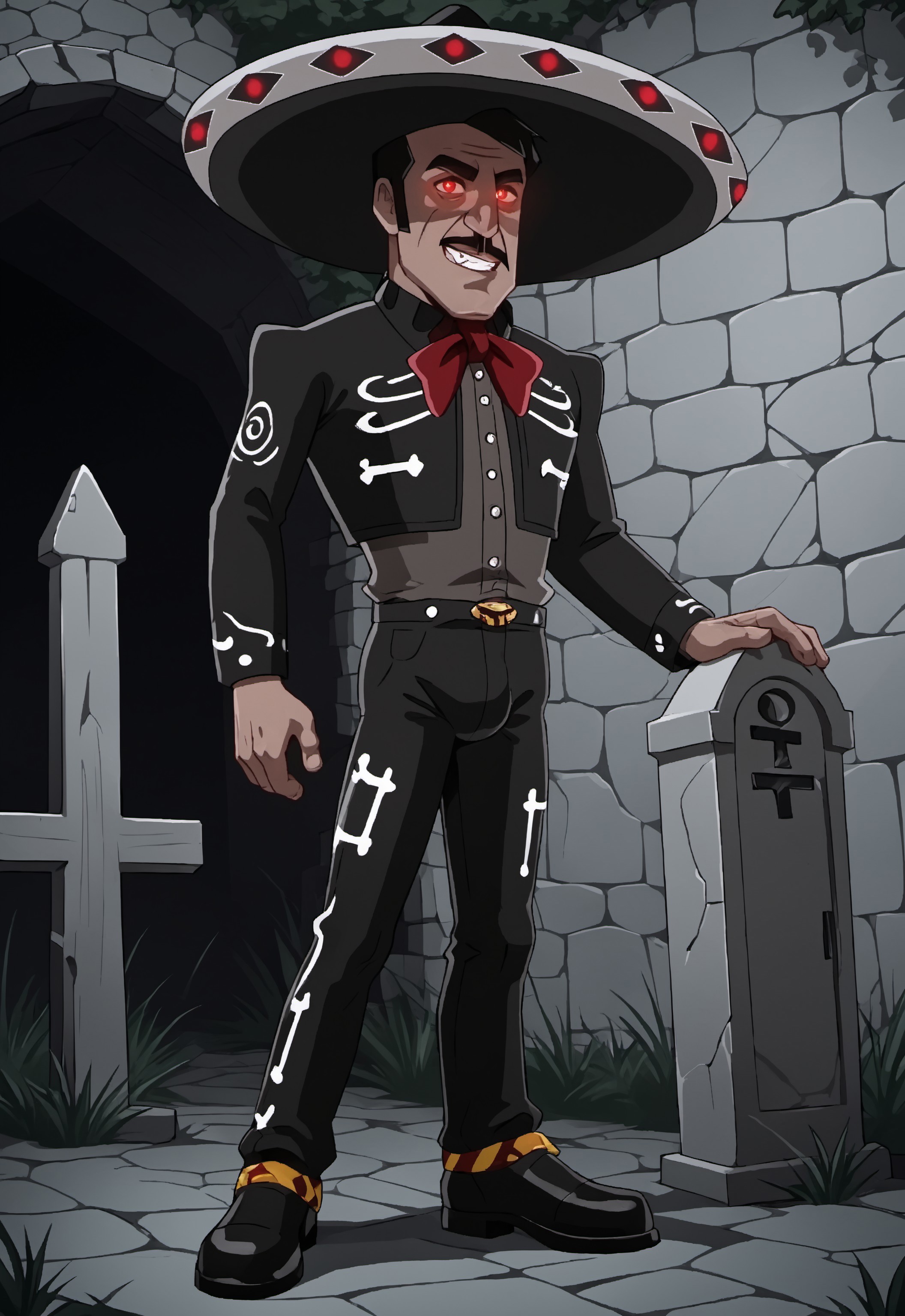 safe_pos, safe_pos, score_9, score_8_up, rating_nsfw, ultra hd, absurdres, best quality, best aesthetic, masculine, hand with five fingers, solo, 1boy, male focus, perfect proportions, erotic, mature male, WolfConF,

LLCharroNegro, hat, black hair, red eyes, mustache, black outfit, looking at viewer, grinning, teeth. full body, graveyard background, glowing eyes, bulge, crotch focus