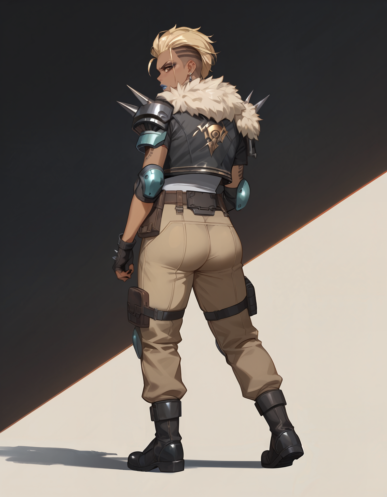 score_9,score_8_up,score_7_up,score_6_up,dark background,1girl,solo,black fingerless gloves,camouflage pants,belt,dark skin,black boots,black jacket,blonde hair,standing,from behind,ass,open hand,grey tank top,pouch,dark-skinned female,earrings,arm tattoo,shoulder spikes,fur trim,knee pads,makeup,blue lips,black nails,undercut,brown eyes,hair behind ear,necklace,short hair,shoulder armor,elbow pads,eyeshadow,pauldrons,     <lora:MyTrainings\Temp\Mad_Maggie_Original_XL_Pony_ARZUMATA.safetensors:0.7>