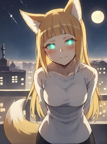 score_9, score_8_up, score_7_up, score_6_up, score_5_up, score_4_up, source_anime, rating_safe,
BREAK
front view, cityscape, night, moon, stars, rooftop, looking at viewer, glowing eyes, smile, white pupils, standing, hands behind back, leaning forward
,
<lora:sdxl-dm-haruhime:0.8> , 1girl, haruhime, blond hair fox_ears, fox tail long hair blunt_bangs shiny hair, green_eyes sleepy eyes, eyeliner blush medium breasts, uchidenokoduchi,