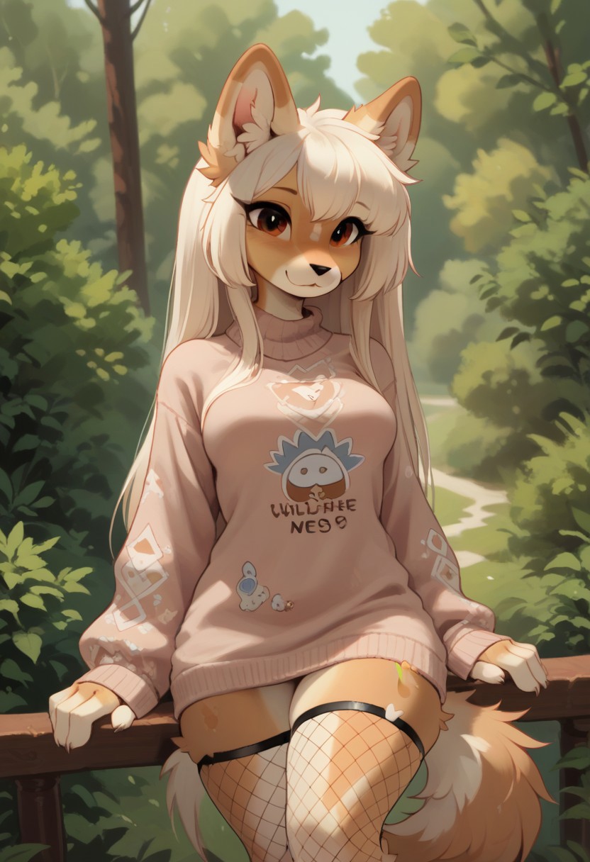 score_9, score_8_up, score_7_up, source_furry, 1girl, by waspsalad, nsfw, anthro, highly detailed, natural light, cute, furry, fluffy, female anthro, breasts, fishnet thigh highs, very oversized sweater,