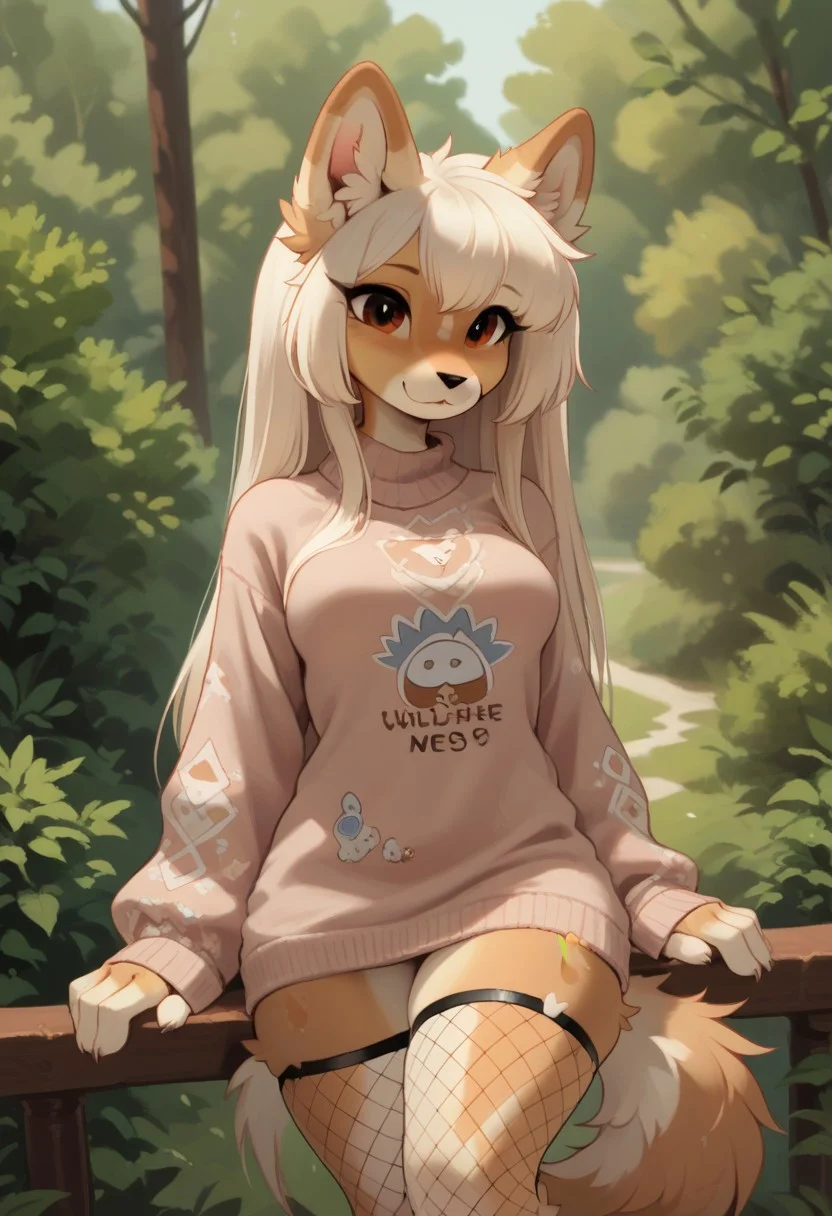 score_9, score_8_up, score_7_up, source_furry, 1girl, by waspsalad, nsfw, anthro, highly detailed, natural light, cute, furry, fluffy, female anthro, breasts, fishnet thigh highs, very oversized sweater,