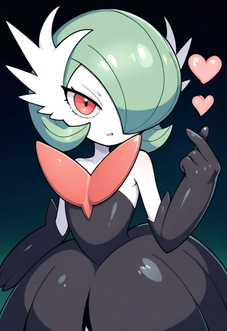 Pst,
mega gardevoir, pokemon,, 1girl, white skin, red eyes, hair over one eye, one eye covered, short hair, blue hair, green hair, bob cut, flat chest, elbow gloves, strapless dress, black dress, black gloves, bare shoulders, mega pokemon, pokemon (creature), shiny pokemon
,solo,finger_heart gesture
