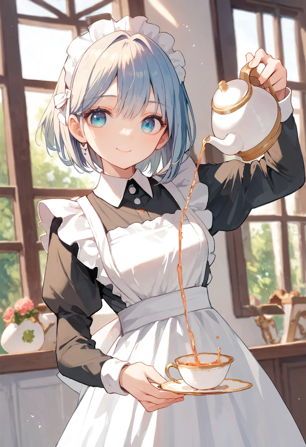 score_9, score_8_up, score_7_up, 1girl, pouring, holding cup, holding teapot, maid apron, smile
<lora:holding_teapot_pouring_3_final_d32:1>