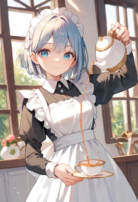 score_9, score_8_up, score_7_up, 1girl, pouring, holding cup, holding teapot, maid apron, smile
<lora:holding_teapot_pouring_3_final_d32:1>