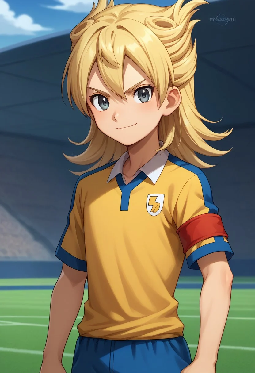 score_9, score_8_up, score_7_up, source_anime, highly detailed,
tenma, 1boy, male focus, solo, blonde hair, long hair, grey eyes, sportwear, soccer uniform, raimon soccer uniform, raimon, yellow shirt, red armband, armband, smile, determined, looking at viewer,
outdoor,
