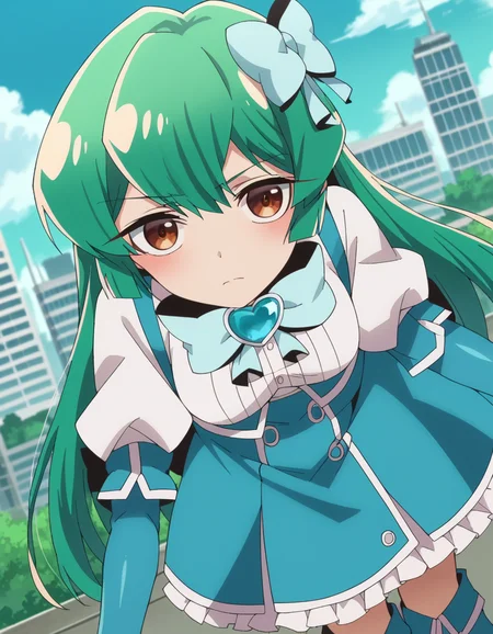 score_9, score_8_up, score_7_up, source_anime,
sayominakami, <lora:sayo-minakami-ponyxl-lora-nochekaiser:1>
sayo minakami, long hair, brown eyes, bow, hair bow, green hair,
skirt, gloves, boots, elbow gloves, magical girl, blue gloves,
outdoors, cityscape, bent over,
looking at viewer, dutch angle, cowboy shot
