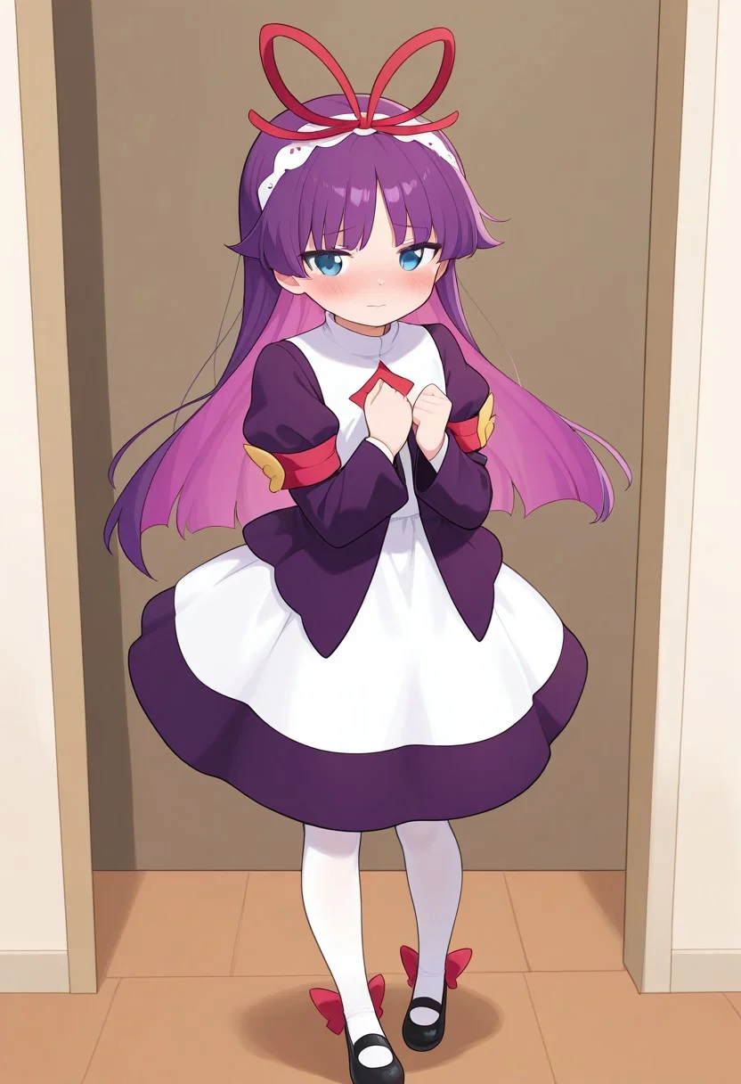 <lora:PFeli_SDXL_Illustrious01_fp16_ver01:1>,PFeli, 1girl, long hair,purple hair, white pantyhose, dress,red ribbon, blue eyes, black footwear, long sleeves, red bow, hairband, shy, blush, standing, lovely, cute, adorable, newest, masterpiece, best quality, very aesthetic, absurdres,<lora:detailed_hands:1>,hand