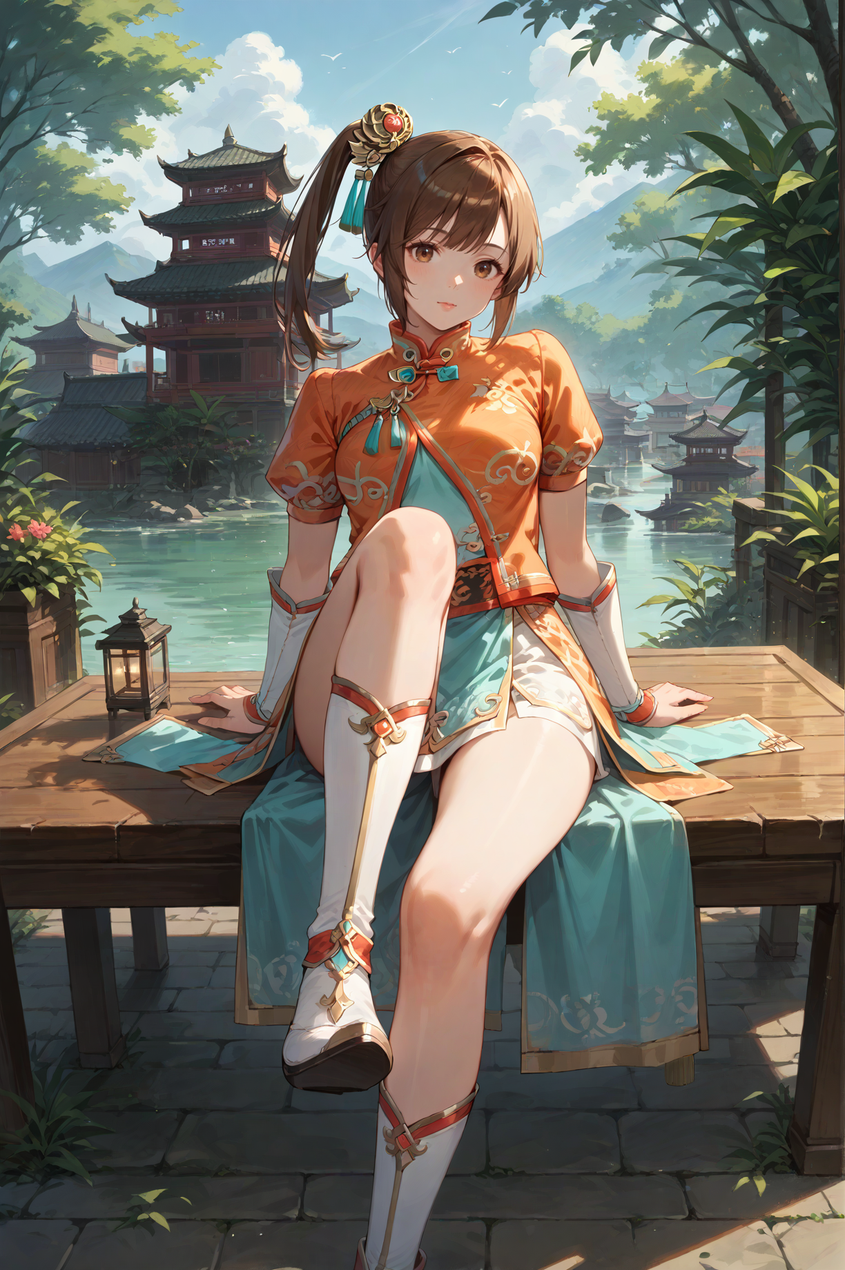 score_9, score_8_up, score_7_up, source_anime, masterpiece, A woman sitting on the edge of a table, one leg crossed over the other, leaning back on her hands., <lora:Xiaoqiao_Dynasty_Warriors:0.8> 1girl, solo, brown hair, side ponytail, brown eyes, chinese clothes, hair ornament, outdoors, looking at viewer