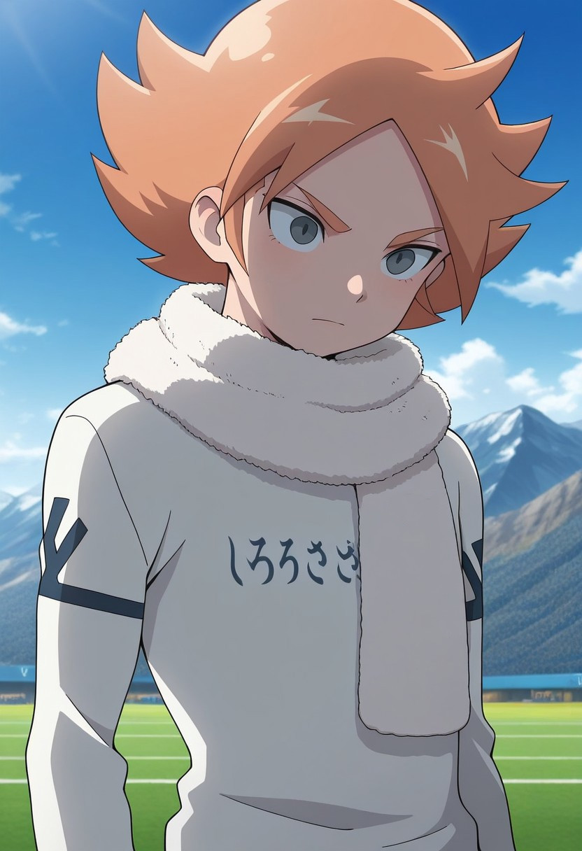 masterpiece,best quality,amazing quality, source_anime, 
FubukiAtsuya, 1boy, male focus, solo, grey eyes, orange hair, scarf, white scarf, alpine soccer unifor, shirt, white shirt,
outdoor, sky, day, clouds,