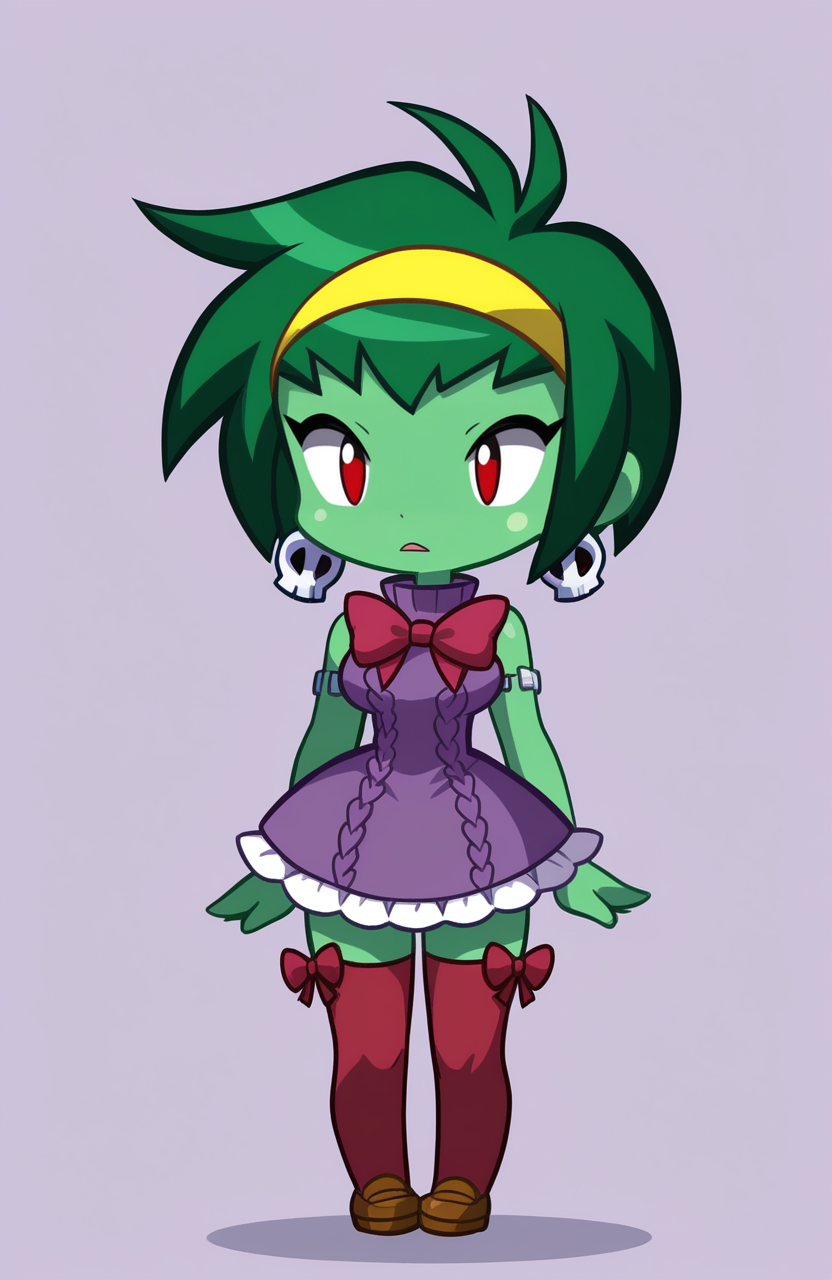 1girl, solo, 
rottytops, green skin, green hair, short hair, red eyes, white aran sweater, sleeveless dress, purple dress, frilled dress, red bow legwear thighhighs, yellow kiltie loafers,
standing, arms relaxed by side, even stance, nonchalant expression, simple design, <lora:ShantaeChibi:1> shntchibi, chibi, extremely detailed, highres, masterpiece, best quality