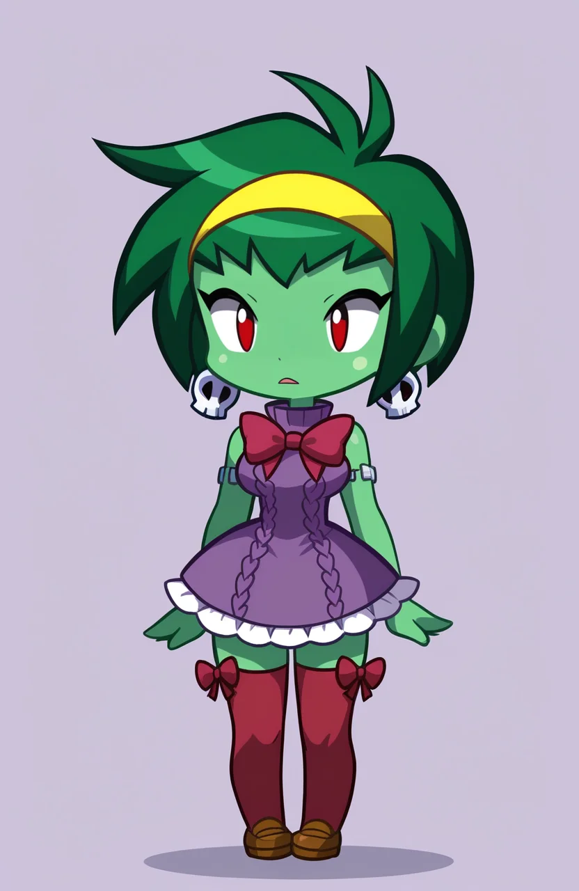 1girl, solo,
rottytops, green skin, green hair, short hair, red eyes, white aran sweater, sleeveless dress, purple dress, frilled dress, red bow legwear thighhighs, yellow kiltie loafers,
standing, arms relaxed by side, even stance, nonchalant expression, simple design, <lora:ShantaeChibi:1> shntchibi, chibi, extremely detailed, highres, masterpiece, best quality