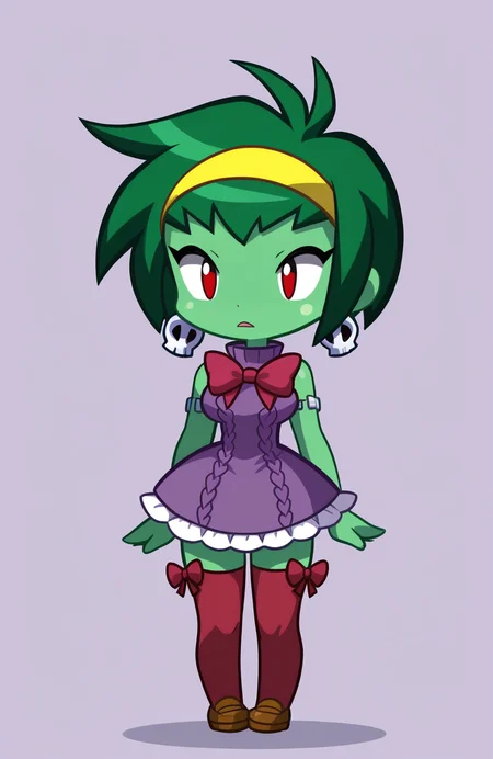 1girl, solo,
rottytops, green skin, green hair, short hair, red eyes, white aran sweater, sleeveless dress, purple dress, frilled dress, red bow legwear thighhighs, yellow kiltie loafers,
standing, arms relaxed by side, even stance, nonchalant expression, simple design, <lora:ShantaeChibi:1> shntchibi, chibi, extremely detailed, highres, masterpiece, best quality