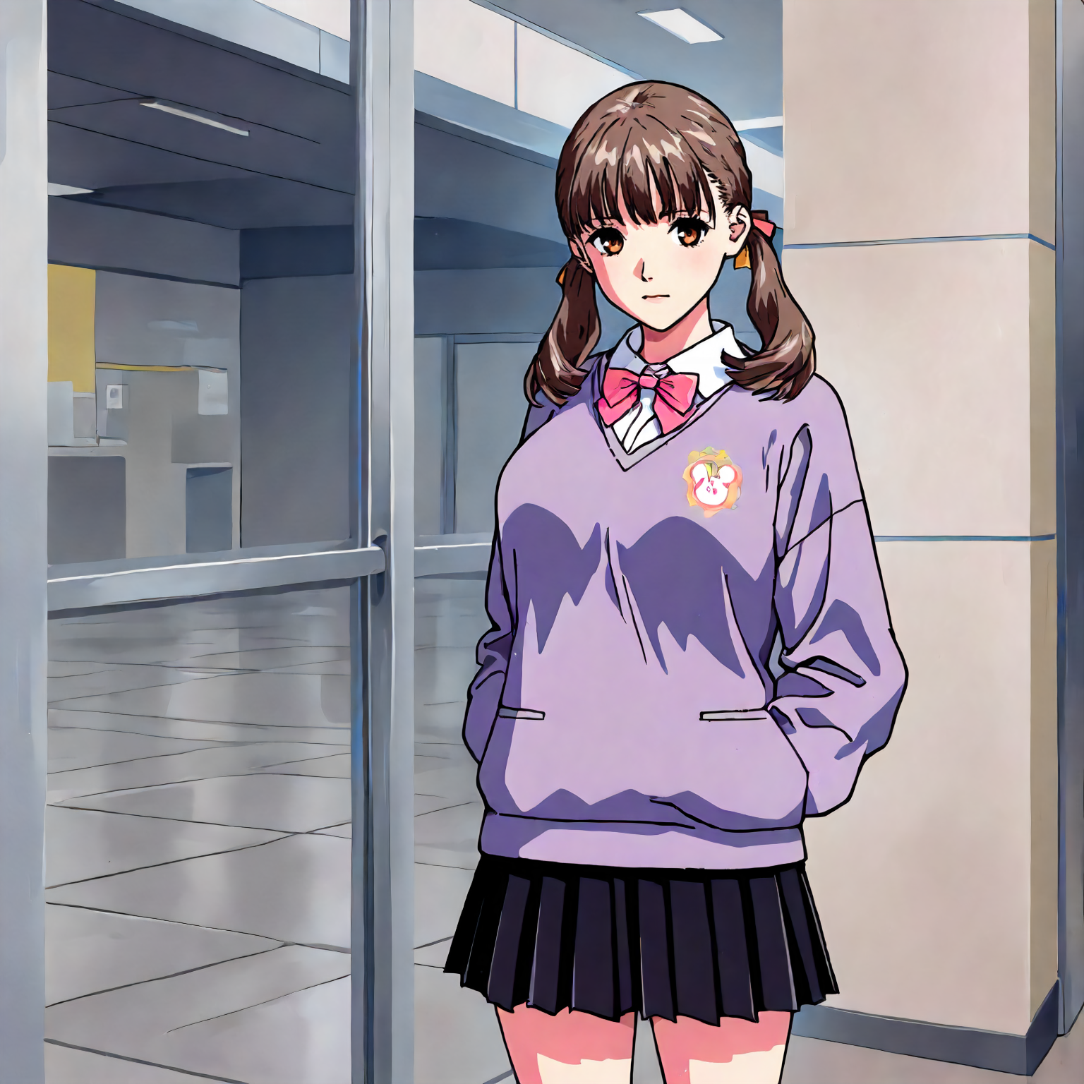 <lora:YS_AyanaFujisawaXLIllustrious004>,
masterpiece,best quality,good quality,newest,
detailed background,
looking at viewer,
solo,
AyanaFujisawa,1girl,brown hair,low twintails,brown eyes,
purple sweater,bowtie,
pleated_skirt,black skirt,
standing,