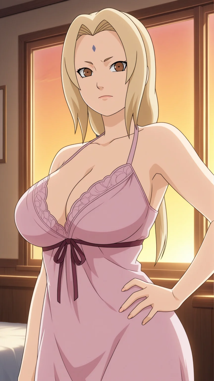 anime coloring, official style, highres, anime screenshot, dramatic lighting, intricate details, masterpiece, best quality, absurdres, depth, Tsunade_XL, facial mark, mature female, short eyebrows, forehead mark, 1girl, looking at the viewer, solo, room, bedroom, pink dress, nightgown, breasts, closed mouth, bare shoulders, solo focus, window, sunset, sunlight, large breasts, perfect eyes, hand on hip, ((official style)), <lora:Tsunade_XL-14:0.9>