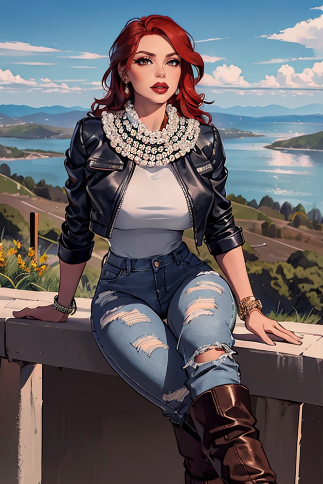 portrait, woman, adult, (red hair), HUD_P3arl_Sh4wl, jewelry, shawl made of pearls, high heels, makeup, lipstick, false eyelashes, <lora:HUD_P3arl_Sh4wl-07:0.75>, (outdoors:1.4) (looking over a scenic overlook:1.3), black leather jacket, fishnet shirt, ripped jeans, and platform boots