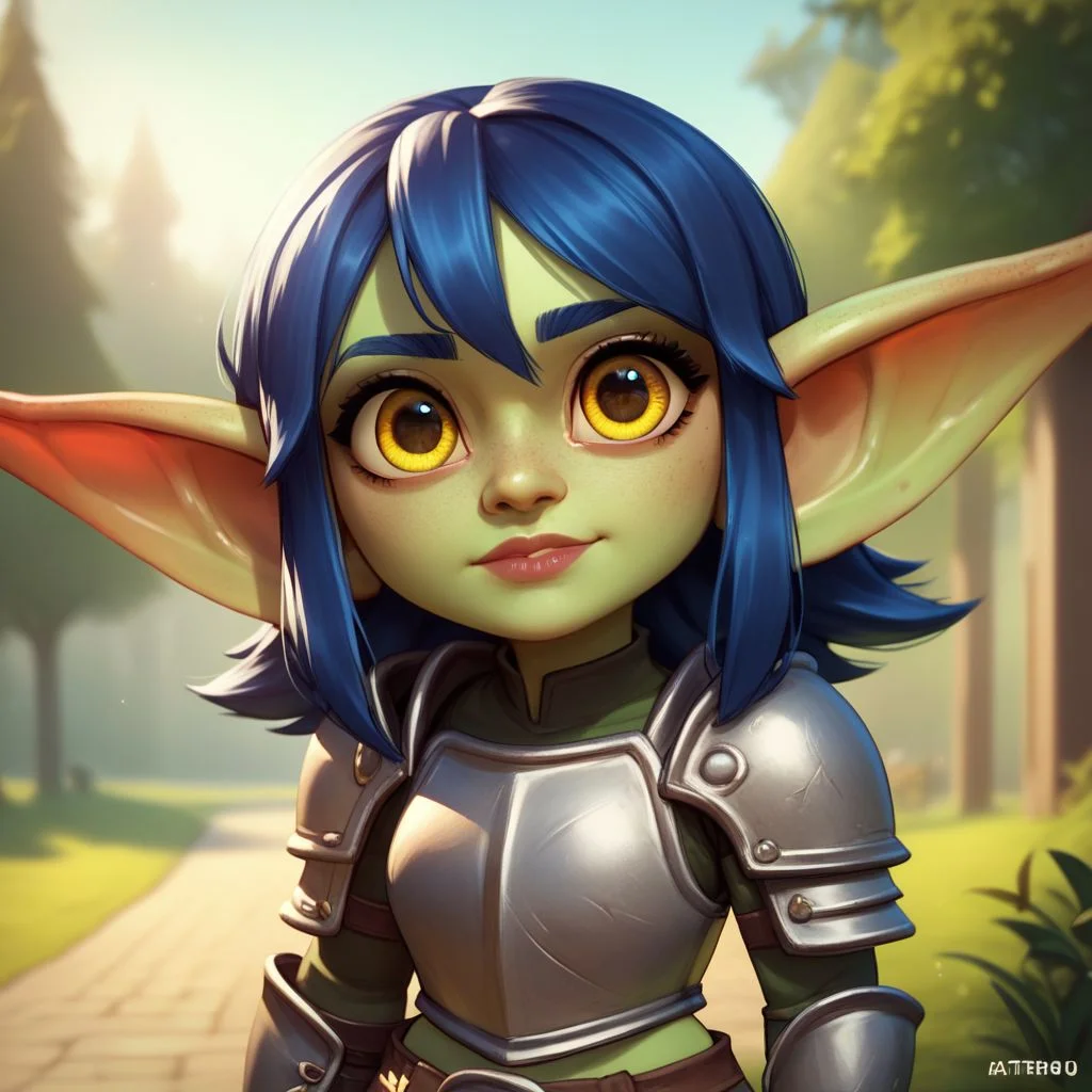 (((beautiful, high quality))), upper body, score_9, score_8_up, score_7_up, solo,
looks at the viewer,
Goblin, shortstack, short stature, pointed ears, 1girl, long blue hair, big eyes, yellow eyes, green skin, fantasy armor,
outdoor, fantasy background, nature, blurred background,