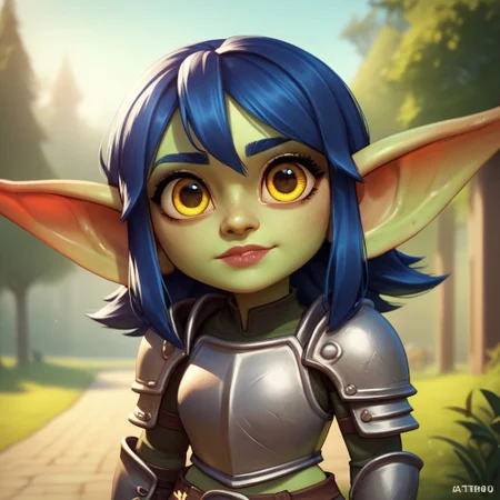 (((beautiful, high quality))), upper body, score_9, score_8_up, score_7_up, solo,
looks at the viewer,
Goblin, shortstack, short stature, pointed ears, 1girl, long blue hair, big eyes, yellow eyes, green skin, fantasy armor,
outdoor, fantasy background, nature, blurred background,