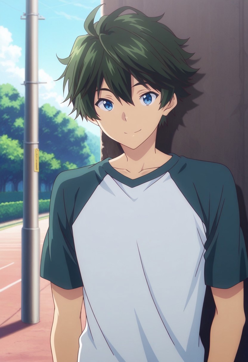 masterpiece,best quality,amazing quality, source_anime, 
HaruhikoIchijo, 1boy, male focus, solo, blue eyes, green hair, t-shirt, raglan sleeves, outdoor,
 smile,