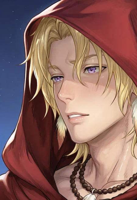 1boy, male focus, CyparN, CyparN_blond_hair, CyparN_purple_eyes, CyparN_feather_earrings, CyparN_beaded_necklace, CyparN_red_hooded_cloak, masterpiece, best quality, amazing quality, ultra-detailed, absurdres, cinematic lighting, intricate details, shiny skin, close-up portrait, night sky background, soft moonlight, gentle expression, wistful gaze, parted lips, expressive melancholic face, slightly from the side, slightly from underneath, masterpiece, best quality, amazing quality, ultra-detailed, absurdres, cinematic lighting, realistic shading, intricate details, shiny skin, newest, 8k resolution, octane render, <lora:Noctilucent_Cypar:0.8>