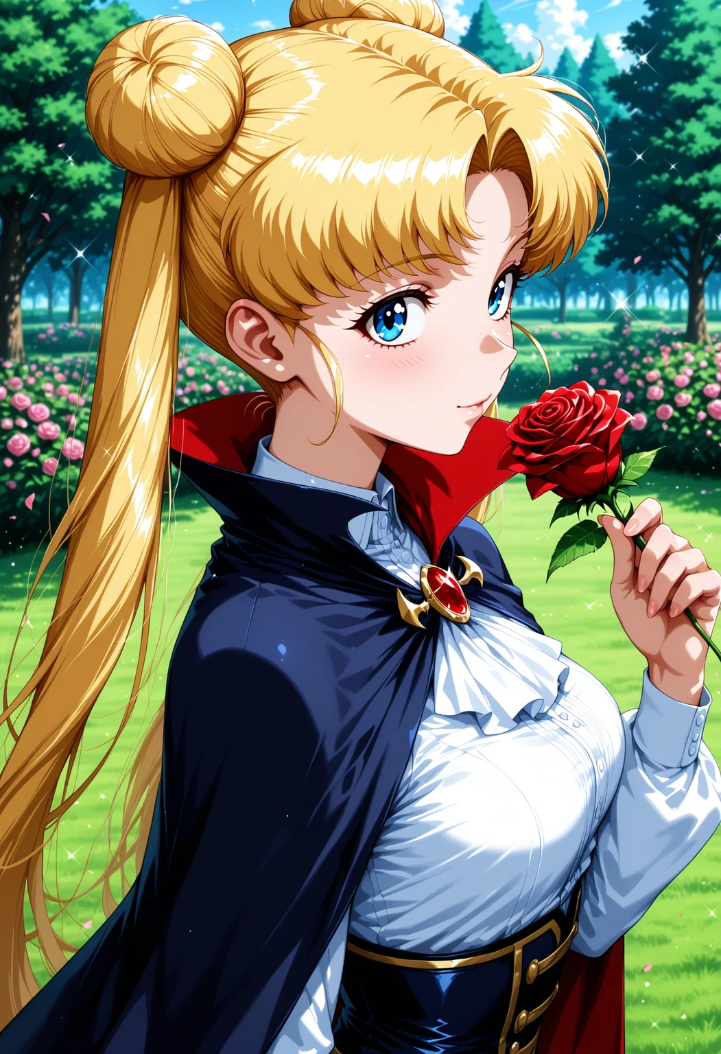 masterpiece, best quality, good quality, very aesthetic, hyper detailed, digital painting, trending on ArtStation, absurdres, newest, 8K, anime screencap, anime coloring, detailed background, offical art, very aesthetics of fine arts, <lora:spo_sdxl_10ep_4k-data_lora_webui:1>, embedding:IllusP0s, embedding:Smooth Quality, <lora:Latex_MBA_style:1>, perfect anatomy, <lora:prompt_extend:1>, <lora:wai-Rectified-s:1>,
<lora:Sailor_Moon_v3:1>, eternal_tsukino_usagi, 1girl, solo, solo focus, blonde hair, blue eyes, hair bun, long hair, twintails, parted bangs, medium breasts, <lora:VampireIL:1>, wearing Jedvmp, vampire outfit, cape, corset, (petite), upper body, perspective, from side, dynamic, general, sparkle, garden, outdoors, falling flowers, holding rose, gaze, rose, many roses, ultra_beautiful