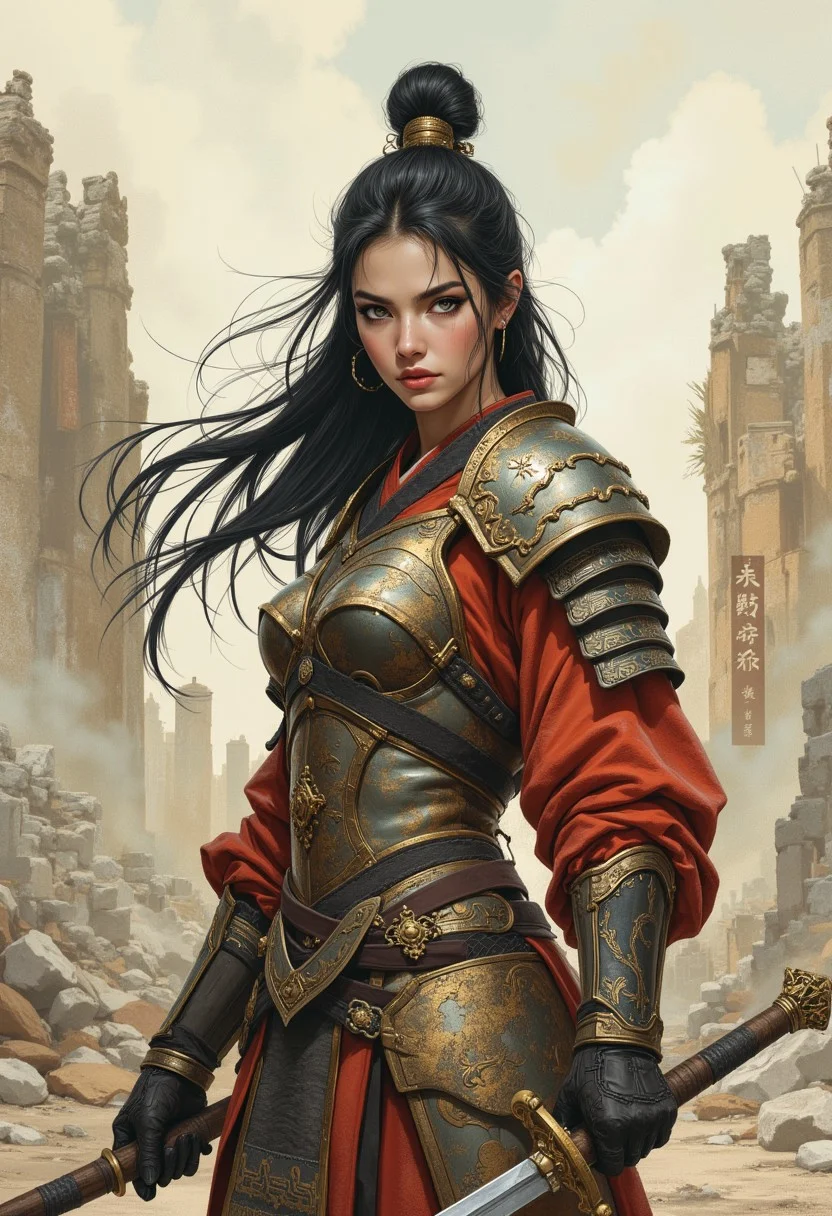 inksketch, OBxiaoxiang, A digital painting in the style of ck-js,  portrait of a stunning chinese warrior woman, bronze plate armour, half-helm, holding iron scimitar, sexy, alluring, standing among the ruins of a sacked ancient city