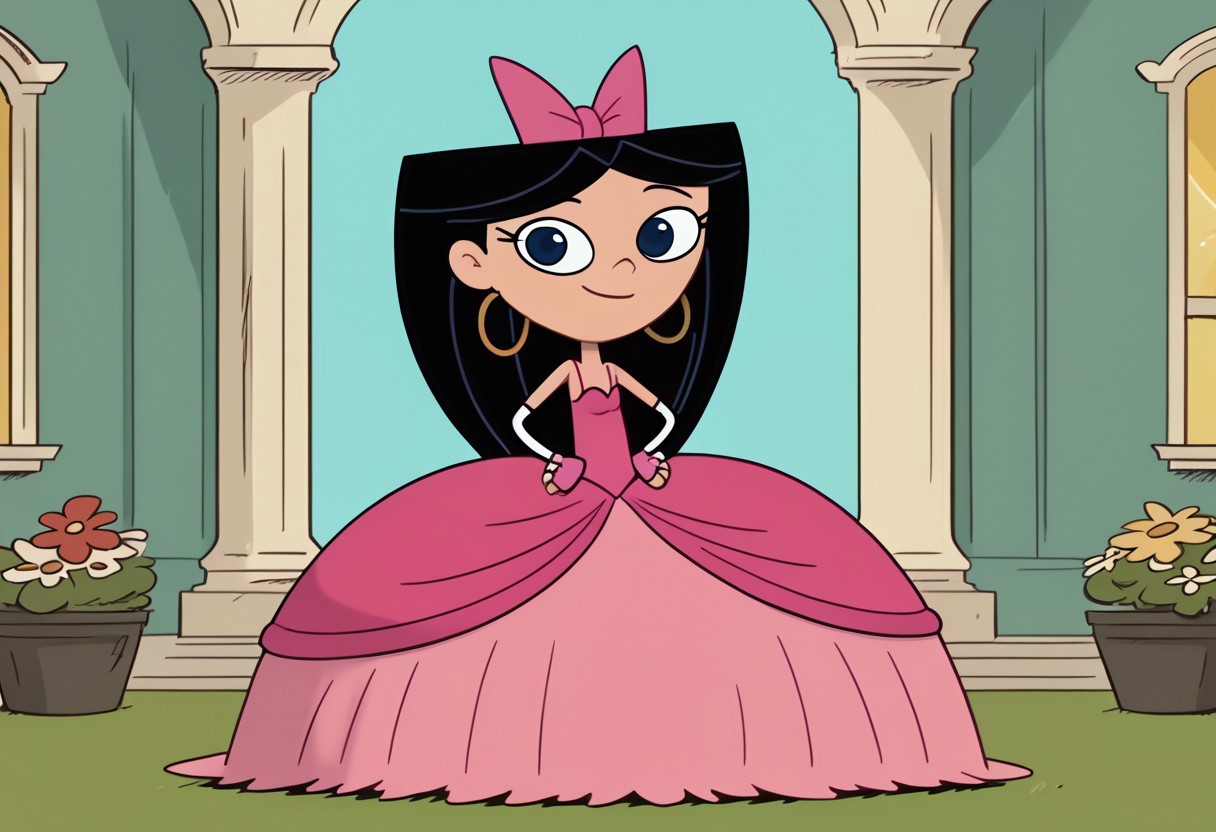 score_9, score_8_up, score_7_up BREAK IsaPF, 1girl, long black hair, dark blue eyes, pink bow, very long large straight tulle pink princess ball gown hoop skirt, ball gown hoop skirt, pink princess dress, hoopdress, my big princess gypsy wedding dress, ballgown, a girl in a dress posing for a picture, wearing long elbow length pink fingerless hook bridal gloves, she is smiling, closed mouth, ballgown, sexy pose, CrinolineDress, USE FACEFIX, cartoon, source_cartoon, smiling at viewer, full body, flower garden outdoors, flowers background, hands on hips,