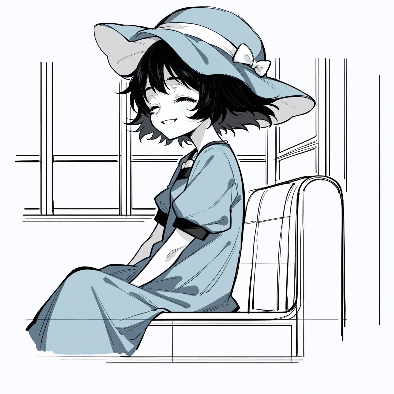 , score_9, score_8_up,score_7_up, source_ anime, horror \(theme\), lineart, sketch, shiina mayuri, hat, blue dress, short sleeves, smiling, closed eyes, sitting on bus, looking at viewer, from side, solo,
<lora:Potat-lineart_sketch_v1-USENEG:-0.85> <lora:steinsgate_shiina_ponyXL:0.8>, <lora:ER-horror_v1:-2>