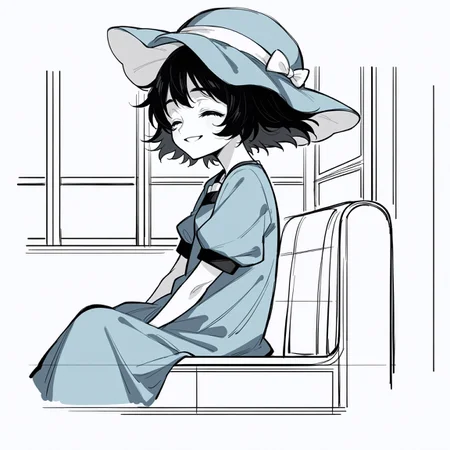 , score_9, score_8_up,score_7_up, source_ anime, horror \(theme\), lineart, sketch, shiina mayuri, hat, blue dress, short sleeves, smiling, closed eyes, sitting on bus, looking at viewer, from side, solo,
<lora:Potat-lineart_sketch_v1-USENEG:-0.85> <lora:steinsgate_shiina_ponyXL:0.8>, <lora:ER-horror_v1:-2>