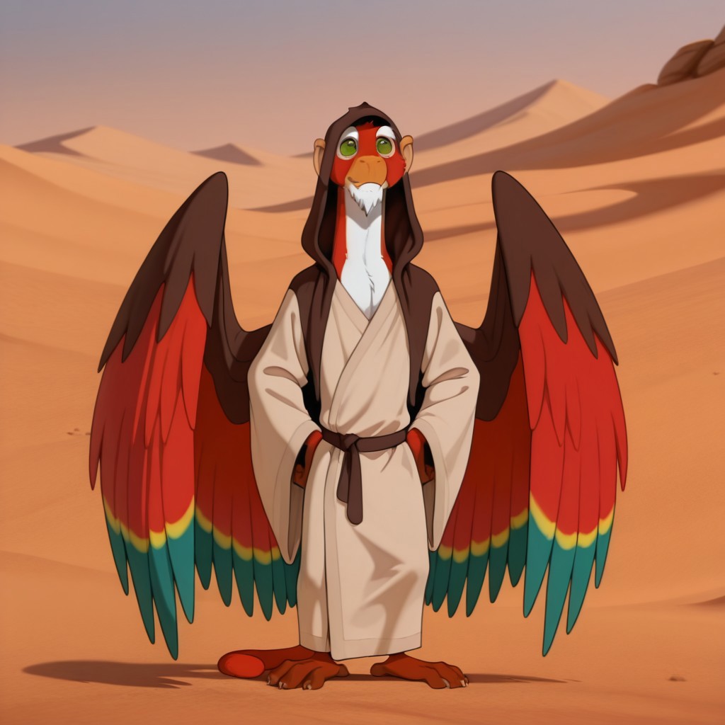 ((masterpiece, best quality, amazing quality,)) NiddlerPoDWil, semi-anthro, male, avian monkey, red feathers, wings, green eyes, white goatee, tan robe, dark brown hood, brown wing_covers, standing, in desert