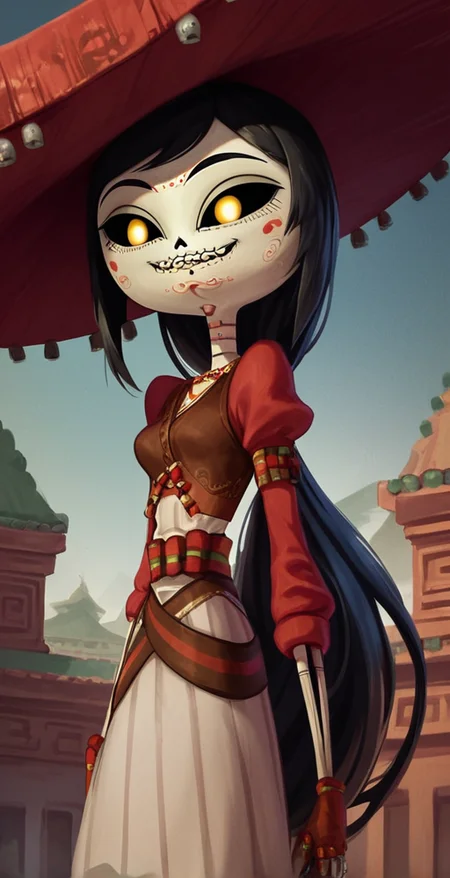 score_9,score_8_up,score_7_up,score_6_up, solo, 1girl, hat, black hair, yellow eyes, colored sclera, black sclera, long hair, looking at viewer, smile, mexico, <lora:Adelita_Sánchez_Pony_XL_Book_of_Life:1>